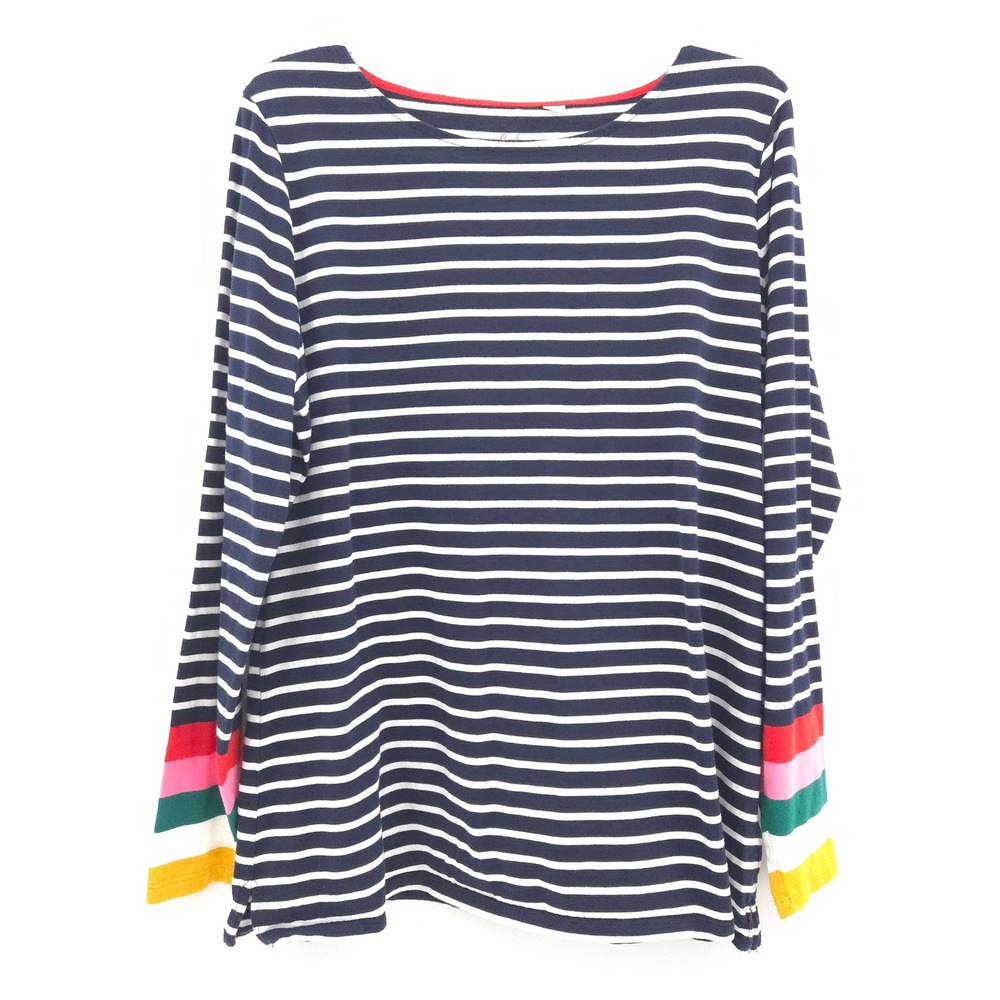 Boden Stripe Tee Women 20/22 Navy White Rainbow Cuff Long Sleeve Cotton J0498